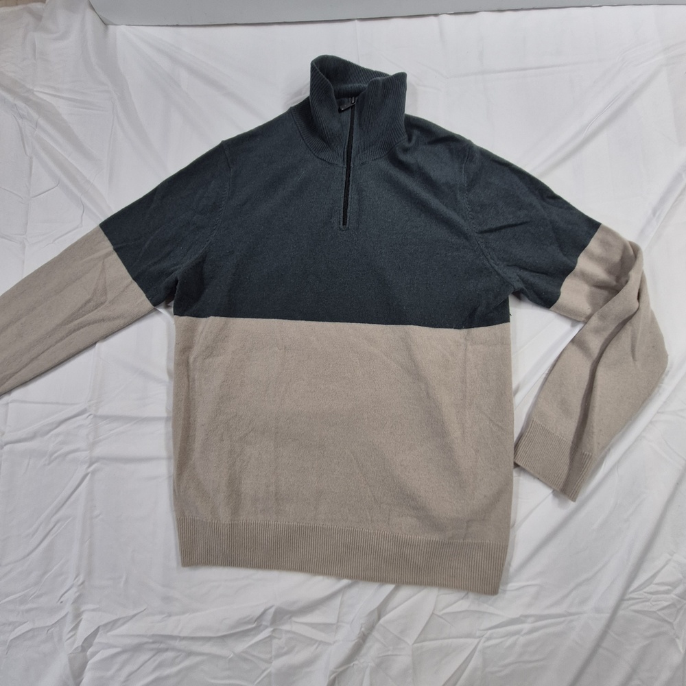 Massimo Dutti Sweater Mens Medium Gray Wool Cashmere 1/4 Zip Mock Neck Striped